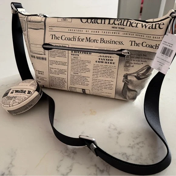 Coach Newspaper Print Crossbody Bag in Black and Cream. COIN POUCH NOT INCLUDED - Picture 2 of 3